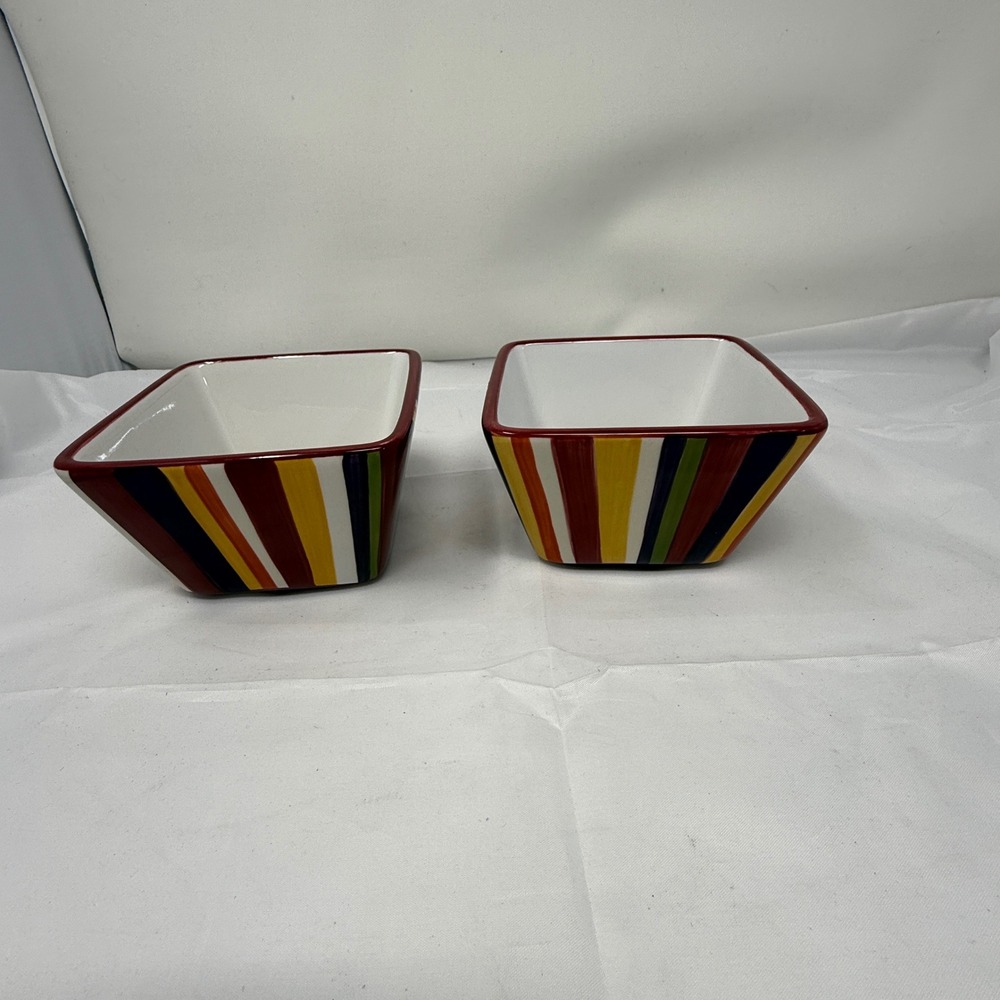 Pampered Chef Simple Additions Square Bowls Set of 2 Striped Multi Color Ceramic